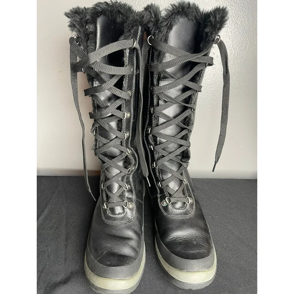 Timberland Womens Black Leather Tall Lace Up Winter Boots Faux Fur Trim Size 9M